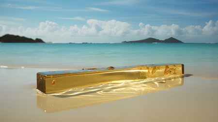 gold bars on the beach with sea and blue sky in the backgroundの素材