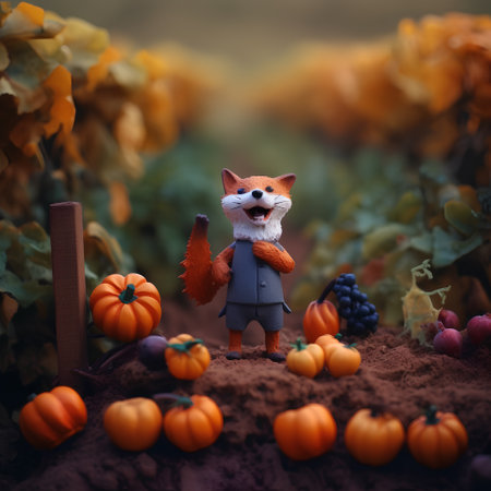 Funny little fox with pumpkins in the garden. Halloween concept.の素材