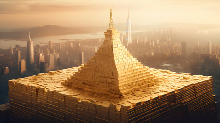 3d rendering of a golden pagoda in the middle of a cityの素材