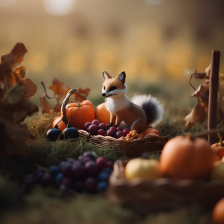 Cute little fox with basket of fruits on a autumn background.の素材