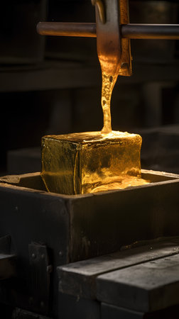 Cubes of molten metal being poured into a mold in a steel millの素材