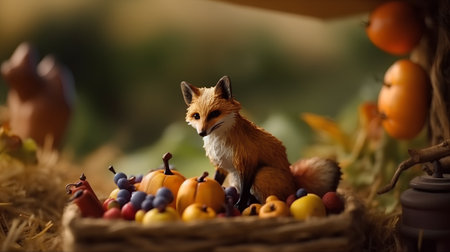Little fox sitting in a basket of fruit, selective focus on foregroundの素材