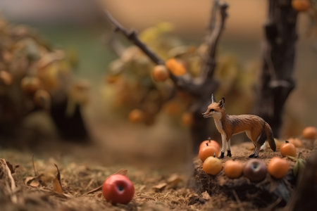 toy of a fox and apples in the autumn forest, selective focusの素材