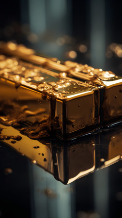 Gold bars on a black reflective background. Shallow depth of field.の素材