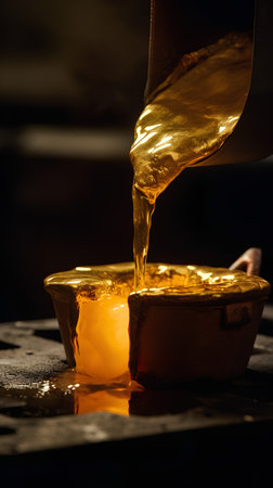Honey pouring from a honey dipper into a glass bowl.の素材