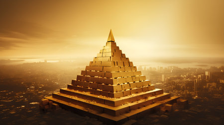 Pyramid of gold on the background of the city. 3D renderingの素材