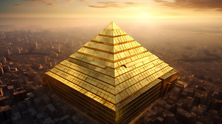 Pyramid of golden bars in the city at sunset, 3d renderの素材