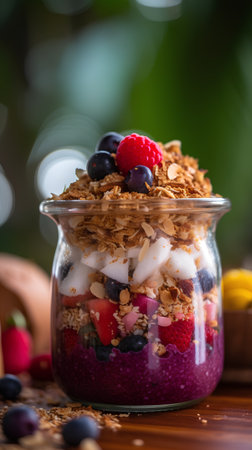 Healthy breakfast with granola, yogurt and berries in glass jarの素材