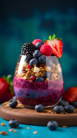 Chia seed pudding with fresh berries and muesli in glassの素材