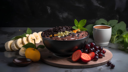 Chocolate smoothie bowl with fruits, berries and mint on dark backgroundの素材