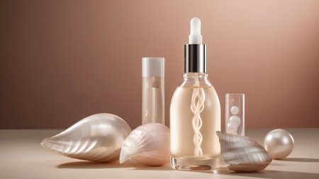 Cosmetic products with seashells on a beige background.の素材