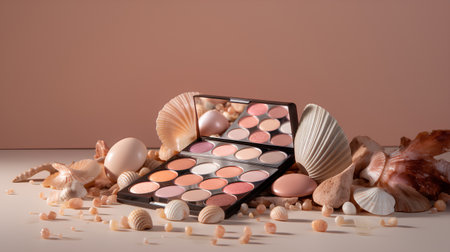 Cosmetics and seashells on a light background. Selective focus.の素材