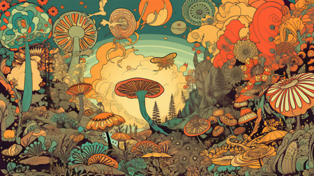 Seamless pattern with mushrooms and trees. Hand-drawn illustration.の素材