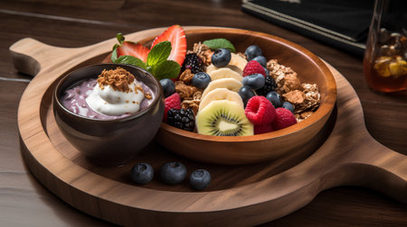 Yogurt with granola and fresh berries on a wooden backgroundの素材