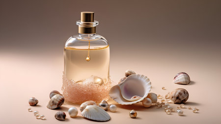 Bottle of perfume with seashells on a beige backgroundの素材