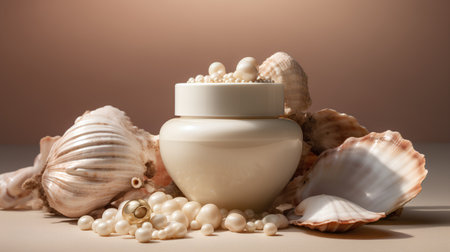 Jar of cream, pearl necklace and seashells on beige backgroundの素材