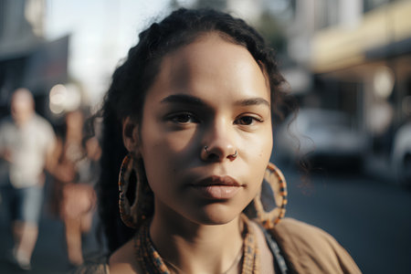Portrait of a young woman with dreadlocks in the city.の素材