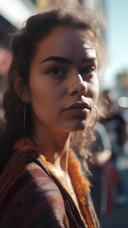 Fashionable woman poses outside Gucci fashion show building for Milan Women's Fashion Week in Milan.の素材