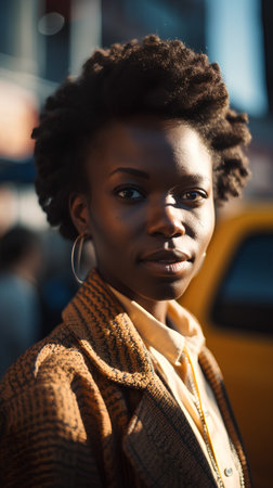 Fashionable african american woman with afro hairstyle in the cityの素材