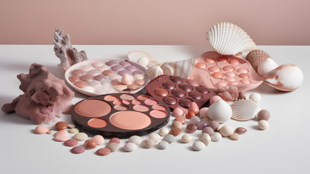 Decorative cosmetics and seashells on a white background. Flat lay.の素材