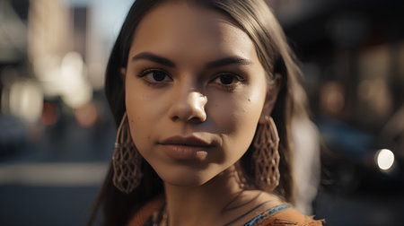 Portrait of a beautiful young woman with braids in the cityの素材