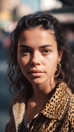 Portrait of a beautiful young brunette woman on a city streetの素材