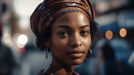 Beautiful african american woman in headscarf looking awayの素材