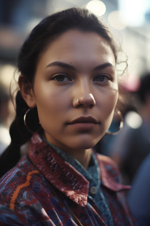 Fashionable woman poses outside Gucci fashion show building for Milan Women's Fashion Week  in Milan.の素材
