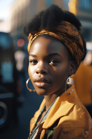 Fashionable african american woman in a yellow coat on the street.の素材