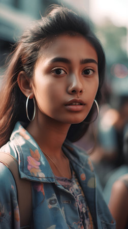 Portrait of a beautiful asian girl with long hair in the cityの素材