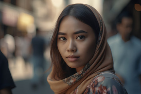 Beautiful asian muslim woman in headscarf on the streetの素材