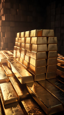 Gold bars stacked on each other in the dark. 3d illustrationの素材