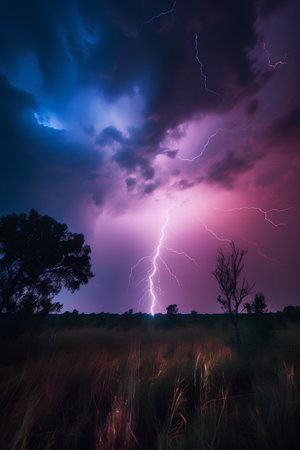 Thunderstorm over the field with a tree and lightning in the skyの素材