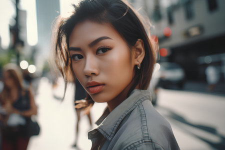 fashion outdoor photo of beautiful sensual woman with dark hair in elegant clothes posing in the cityの素材