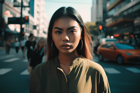 Portrait of a beautiful young asian woman in the city.の素材