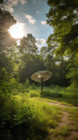 Abandoned satellite dish in the forest. Vintage style photo.の素材
