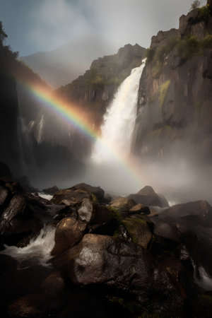 Rainbow over the Skogafoss waterfall in Iceland, Europeの素材