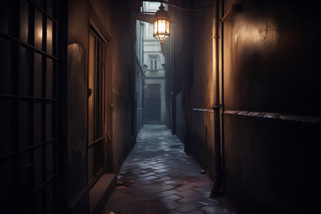 A dark alley in the old town of Prague, Czech Republic.の素材