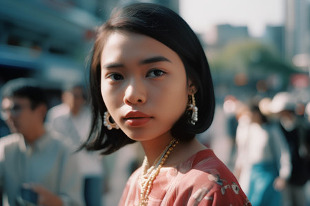 Portrait of a beautiful asian woman in the city street.の素材