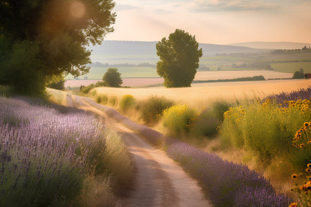 Sunset over lavender fields in Provence, France.の素材