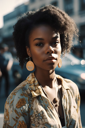 Fashionable woman poses outside Gucci fashion show building for Milan Women's Fashion Week in Milan.の素材