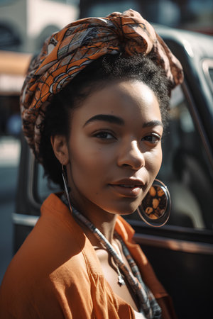 stylish african american woman in orange jacket and headscarf looking at cameraの素材