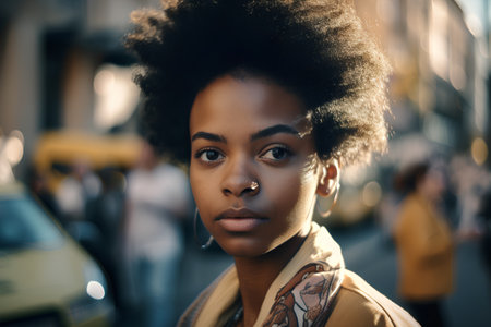 Beautiful african american woman with afro hairstyle in the cityの素材