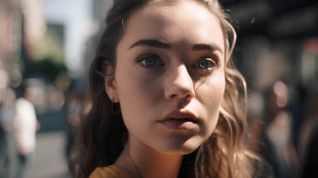 Portrait of a beautiful young woman with blue eyes in the cityの素材