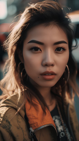 Close up portrait of a beautiful young asian woman in the cityの素材