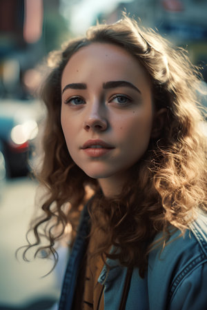Portrait of a beautiful young woman with curly hair on the streetの素材