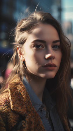 Portrait of a beautiful young woman in a fashionable coat on the streetの素材