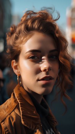Outdoor fashion portrait of young beautiful woman with curly hair on the street.の素材