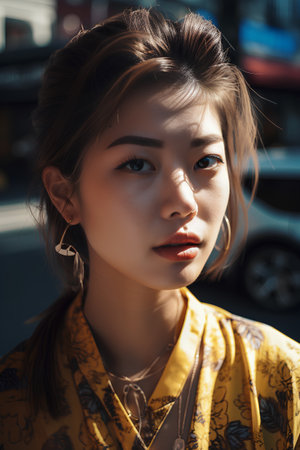 Fashion portrait of young beautiful asian woman in yellow kimonoの素材