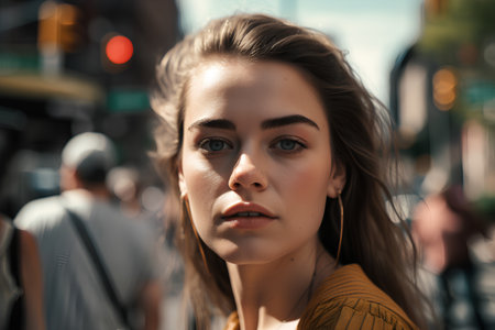 Close-up portrait of a beautiful girl with long hair in the cityの素材